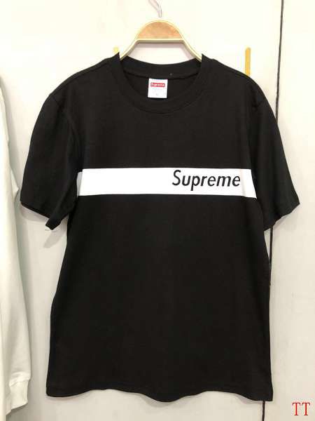supreme衣服 2018新款 横条字母印花字母休闲男生圆领短袖t恤 黑色