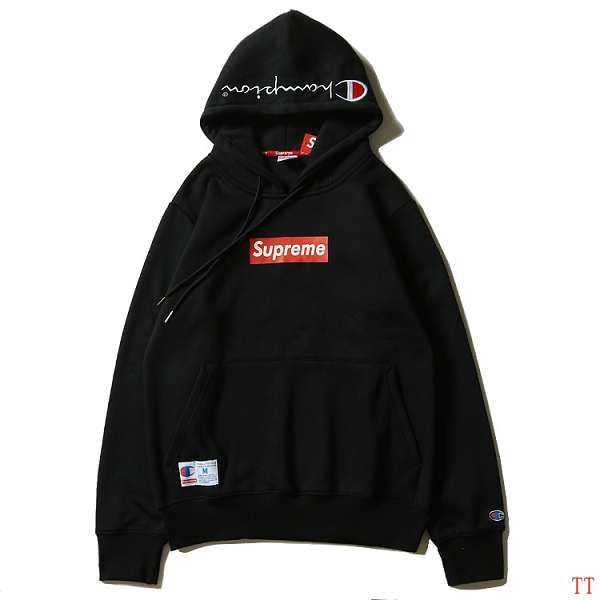 supreme卫衣 2017新款 box冠军联名男生潮牌长袖连帽卫衣 黑色