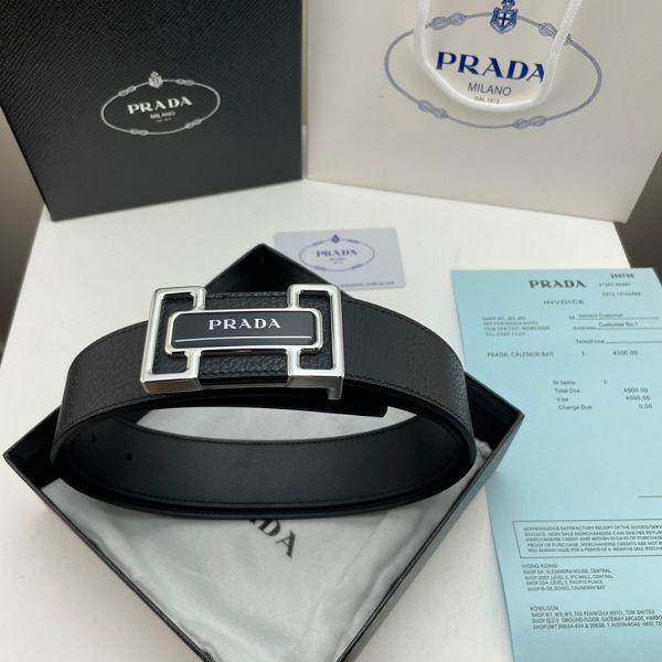 prada皮帶 普拉達2022新款 HF032801頭層牛皮豬皮紋鋼扣腰帶