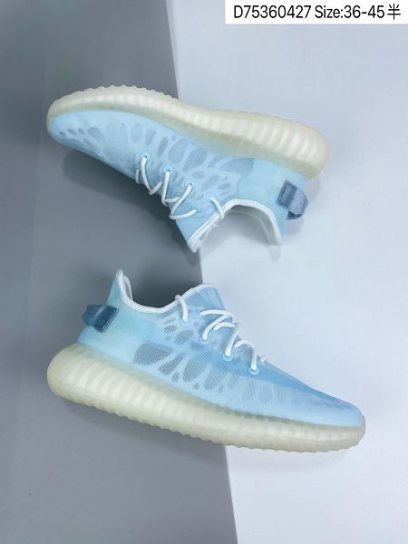 Adidas Yeezy Boost 350 2021新款 椰子全透冰藍情侶款洞洞鞋 帶半碼